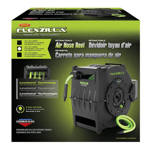 Levelwind Retractable Air Hose Reel 3/8 Inch By 75 Feet Workhorse Heavy Duty Lightweight Hybrid box packaging