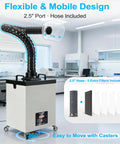 200W Laser Fume Extractor with LED remote filter alert featuring 2.5" hose, filters, in a lab setting, on wheels.