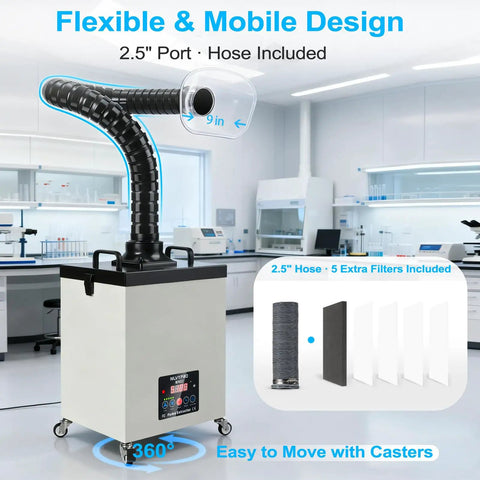 200W Laser Fume Extractor with LED remote filter alert featuring 2.5" hose, filters, in a lab setting, on wheels.