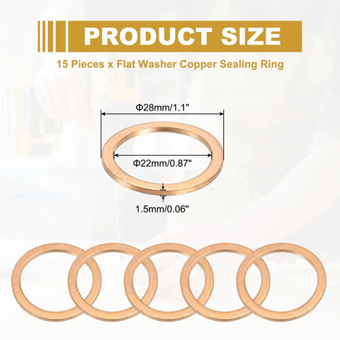 Hardcore Copper Crusher Washers For M22 Bolts And Sump Plugs 22Mm Inner Diameter 28Mm Outer Diameter 1.5Mm Thick showing five copper washers.