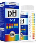 Top Notch pH Test Strips 0 to 14, 200 Count Litmus Paper Kit, bottle and box with color chart, suitable for water, food testing.