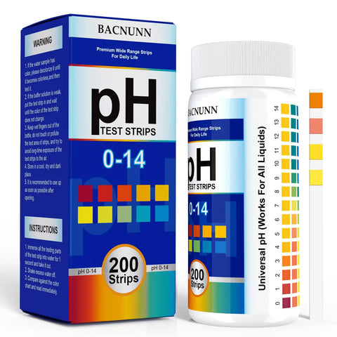 Top Notch pH Test Strips 0 to 14, 200 Count Litmus Paper Kit, bottle and box with color chart, suitable for water, food testing.