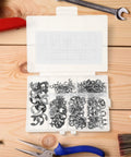 Beefy Stainless Steel E Shaped Retaining Ring Circlip Kit With 300 Pcs in clear storage case on wooden surface