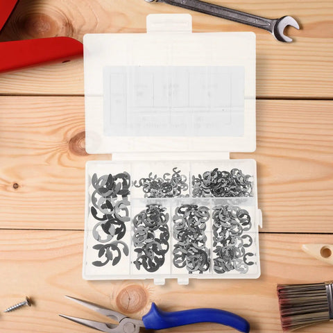 Stainless Steel E Shaped Circlip Retaining Ring Kit With Storage Case 300 Pcs No Brainer Rust Resistant 304 Stainless Steel Open Split Washers For Shafts And Machinery, assorted sizes in case