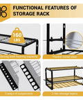 Heavy Duty Power Tool Organizer Wall Mount Shelf with three layers and 160 lb capacity shown with metal details and features