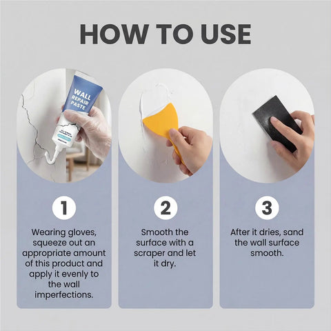 Instructions for using Wall Repair Paste Crack Filler Kit With Fast Dry Putty for drywall and concrete repair