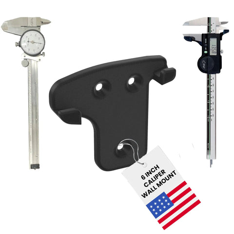 Heavy Duty Wall Mount For 6 Inch Digital Vernier And Dial Calipers, shown with calipers, ideal for pegboard or workshop wall use.