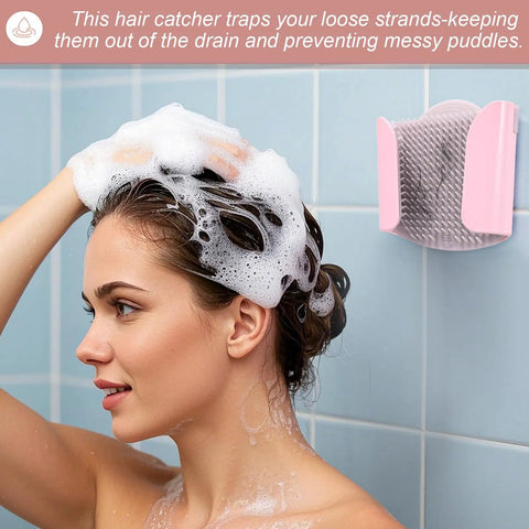 Game Changing Shower Wall Hair Catcher With Reusable Silicone Bristles For No Sweat Drain Protection collecting loose hairs effortlessly.
