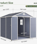 8x6 Ft Outdoor Resin Storage Shed With Window And Floor Lockable Doors Waterproof Plastic Tool Shed With Sloped Roof For Backyard Garden Patio Or Lawn Grey, showing front view with dimensions.