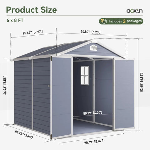 8x6 Ft Outdoor Resin Storage Shed With Window And Floor Lockable Doors Waterproof Plastic Tool Shed With Sloped Roof For Backyard Garden Patio Or Lawn Grey, showing front view with dimensions.