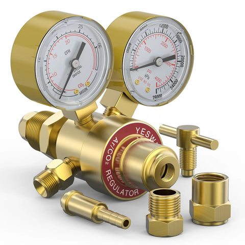 YESWELDER brass argon/CO2 welding regulator with dual gauges and 8.2ft hose, CGA580 inlet