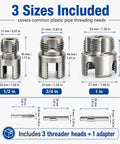 Essential 3 Pvc Pipe Threader Set With 1/2 Inch, 3/4 Inch, And 1 Inch Durable Alloy Steel Heads showing size specifications.