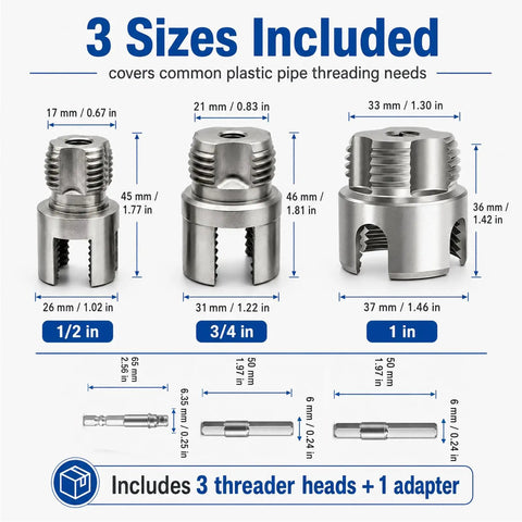 Essential 3 Pvc Pipe Threader Set With 1/2 Inch, 3/4 Inch, And 1 Inch Durable Alloy Steel Heads showing size specifications.