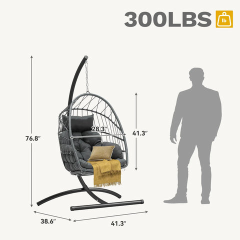 Egg Chair With Stand For Indoor And Outdoor Use, Hanging Rattan Wicker Swing Chair With Cushion, 300 Lb Weight Capacity