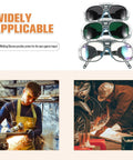 Top Shelf Anti Dust Welding Safety Glasses With Badass Clarity And Shatterproof Construction Includes Three Pairs For Daily Grind Cycling And Workshop Tasks Heavy Duty Eye Shields That Keep Your Vision Crisp And Secure, displayed with workers using them in a workshop.