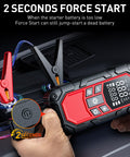 Grab-And-Go All-In-One Jump Starter With Air Compressor And Tire Inflator showing force start feature with LCD display and clamps
