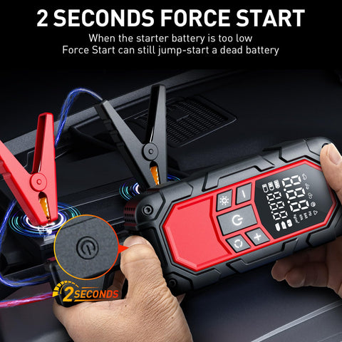 Grab-And-Go All-In-One Jump Starter With Air Compressor And Tire Inflator showing force start feature with LCD display and clamps