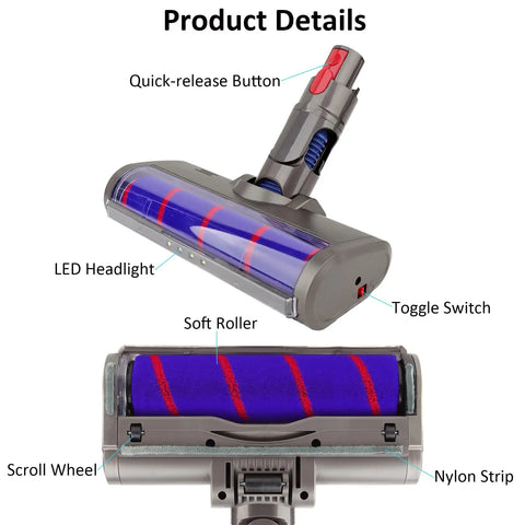Dyson Quick Release Soft Roller Cleaner Head With LED Indicator Replacement for V7 V15 showing roller, LED, and buttons
