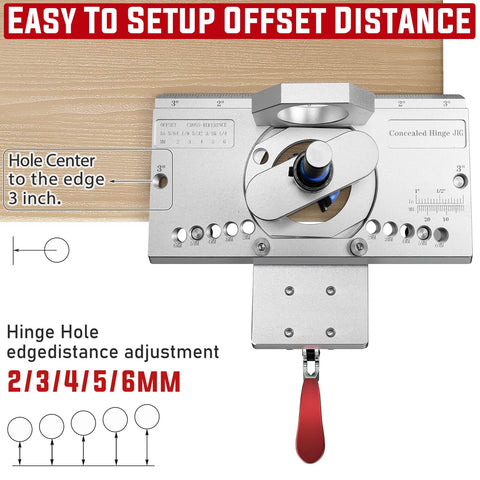 35mm Concealed Door Hinge Jig For Cabinets With Quick Clamp shown with offset distance settings and metal construction.