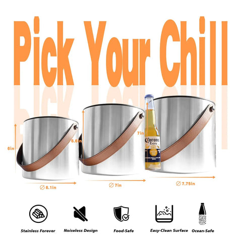 Double Wall Vacuum Insulated Ice Bucket With Lid, Scoop, Ice Tong, Strainer And Leather Handle, sizes showing measurements.