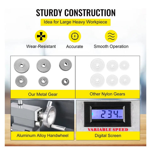 Heavy Duty Brushless Mini Metal Lathe Machine 750W Variable Speed Led features aluminum handwheel and metal gears for strong construction.