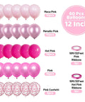 60 Piece Pink Balloons Set With 12 Inch Latex Balloons In Macaron Pink, Hot Pink, Pastel, Metallic, Matte, And Confetti Styles Plus 10m Pink And 10m Hot Pink Ribbons For Birthday Parties, Baby Showers, Weddings, And Girls Night