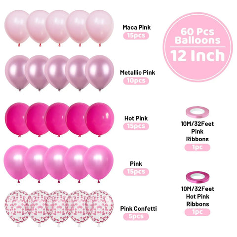 60 Piece Pink Balloons Set With 12 Inch Latex Balloons In Macaron Pink, Hot Pink, Pastel, Metallic, Matte, And Confetti Styles Plus 10m Pink And 10m Hot Pink Ribbons For Birthday Parties, Baby Showers, Weddings, And Girls Night