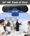 Crystal Clear 1080P HD Webcam With Four Noise Blocking Mics And Dual Built In Speakers Adjustable Wide Angle Lens showing 60-98° field of view in office setting.