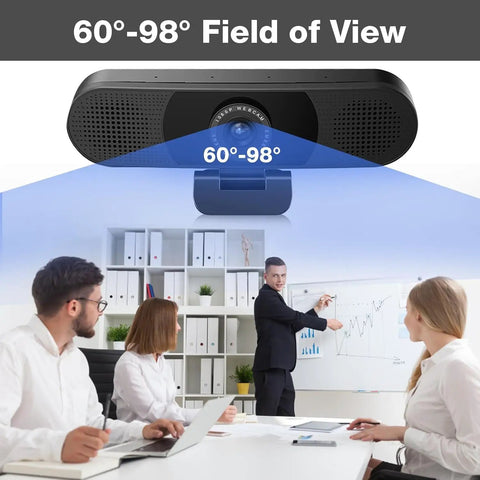 Crystal Clear 1080P HD Webcam With Four Noise Blocking Mics And Dual Built In Speakers Adjustable Wide Angle Lens showing 60-98° field of view in office setting.