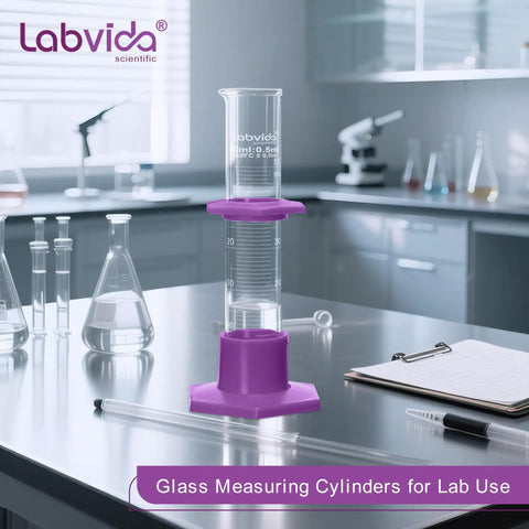 Durable Pro Grade Borosilicate Glass Measuring Cylinder Set With Hex Base And Brush Includes 10 ML 25 ML 50 ML And 100 ML Cylinders Class B Lab Glassware For Chemistry Experiments And Education in a lab.