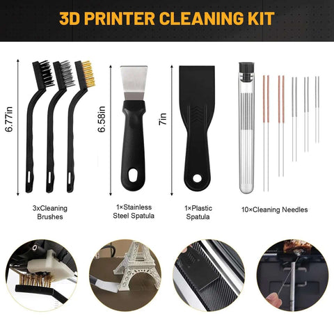 3D printer cleaning kit with brushes, spatula, and needles from the Ultimate All In One 63 Piece 3D Printing Tool Kit