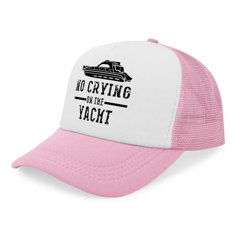 Pink Women's Breathable Sports Trucker Cap With Anti-Sweat Band, moisture-wicking mesh back, front view with 'No Crying on the Yacht' text.