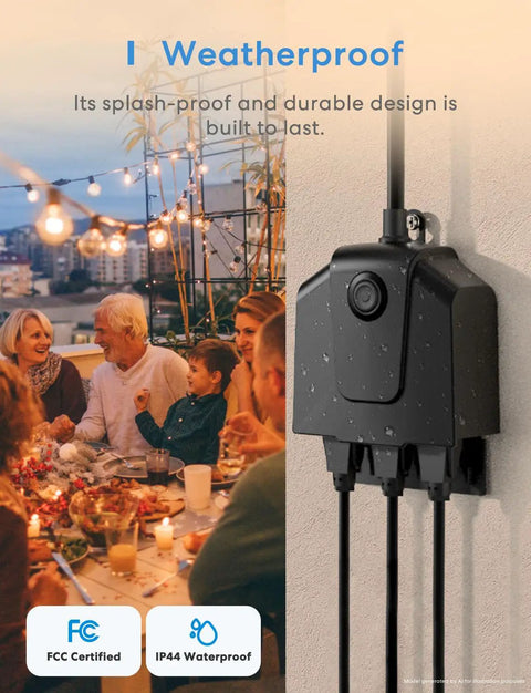 Outdoor Smart Plug With 3 Independent Sockets for patio or yard shown in use, black waterproof exterior with connected cables.