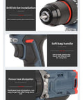 Built Different Cordless Drill And Screwdriver Kit With 25 Gear Torsion showing drill bit installation, soft handle, and heat dissipation features.
