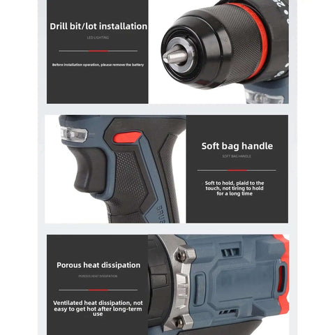 Brushless Cordless Drill Kit With Smooth 1500 Rpm Operation And 25 Torque Settings, showing drill bit installation and soft handle.