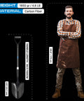 Carbon Fiber Garden Shovel With Round Blade And D Grip For Gardening shown next to person for size comparison.