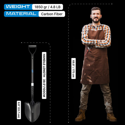 Carbon Fiber Garden Shovel With Round Blade And D Grip For Gardening shown next to person for size comparison.