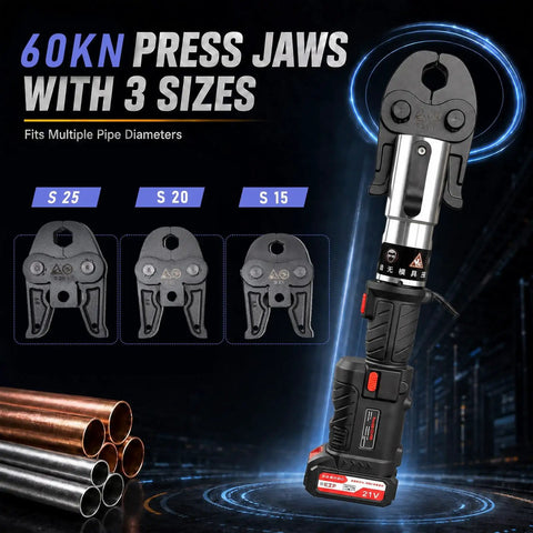 Upgraded 21V Brushless Electric Pipe Crimping Tool With 60K Newton Heavy Duty Press Force, showing 3 adaptive press jaw sizes.