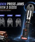 Heavy Duty 60kn Electric Pipe Crimping Tool With Powerful Brushless Motor showing three press jaws sizes for versatility.