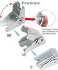 Heavy Duty Silver Four Pack Folding Leg Support Brackets With Self Locking Hinge For Table Bed And Workbench Extension Hardware operating instructions showing angles.