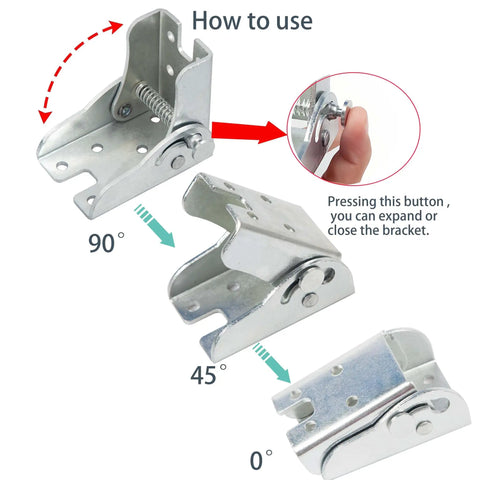 Heavy Duty Silver Four Pack Folding Leg Support Brackets With Self Locking Hinge For Table Bed And Workbench Extension Hardware operating instructions showing angles.