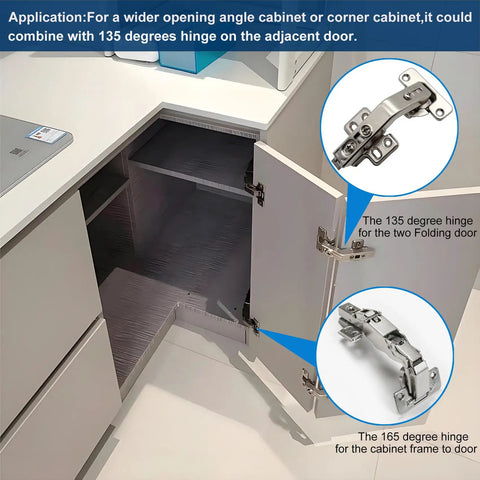 135 Degree Bi Fold Blind Corner Cabinet Hinges Full Overlay Face Frame Concealed Soft Close Hardware Two Pack showcased in corner cabinet.
