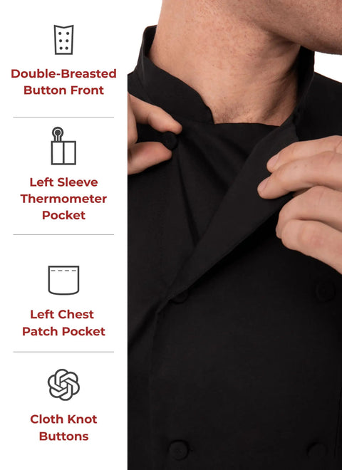 Morocco Mens Chef Coat Black XX Large Comfort Fit With Easy Movement Durable Poly Cotton Blend Reinforced Stitching Detail