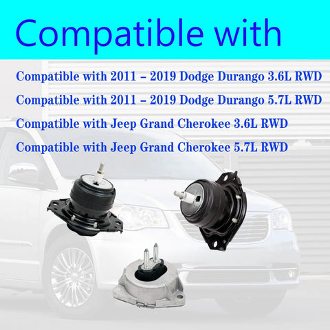 Engine And Transmission Mount Set Of 3 For 2011 To 2019 Jeep Grand Cherokee And 2011 To 2019 Dodge Durango 3.6L 5.7L RWD