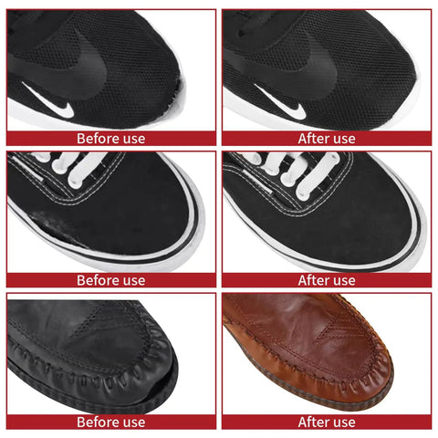 Comparison of sneakers and shoes before and after using 50G Shoe Glue All Purpose Waterproof Repair Adhesive For Sneakers Boots Heels Sandals And More Instant Strong Bond On Leather Rubber Vinyl Canvas And Sole Repairs For DIY Enthusiasts