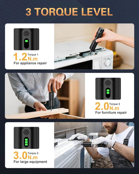 Top Rated 2 In 1 Cordless Electric Screwdriver With Rechargeable Battery And Manual Twist Option For Home Diy Fixes Picture Hanging And Multi Tasking Projects 300Rpm Workhorse showing three torque levels 1.2N.m, 2.0N.m, 3.0N.m.