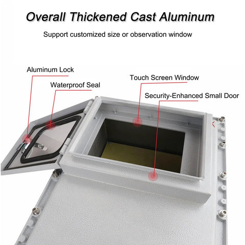 Outdoor explosion-proof IP66 junction box with viewing window, lock and mounting plate; cast aluminum housing 40x50x20