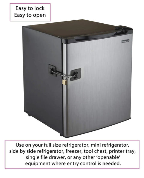 Two Pack Refrigerator Lock With Keyed Padlock, Black Finish, installed on a stainless steel mini fridge, no drilling needed.