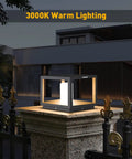 No Wiring Needed Solar Post Light For Outdoors, Modern LED Garden Lighting on stone post, warm 3000K illumination at night
