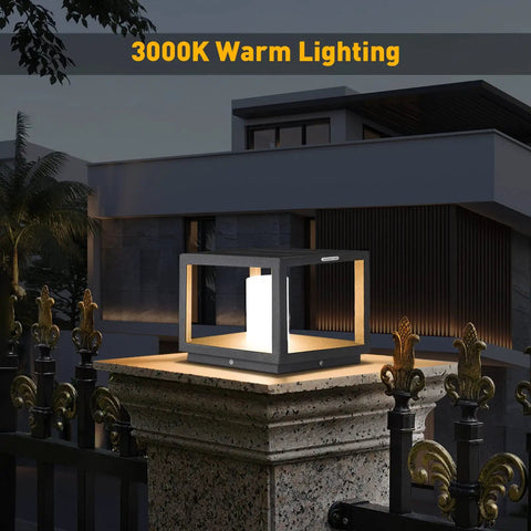 No Wiring Needed Solar Post Light For Outdoors, Modern LED Garden Lighting on stone post, warm 3000K illumination at night